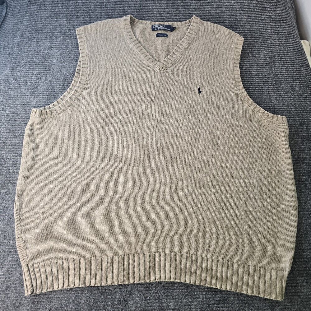 Polo Ralph Lauren Cotton Sweater Vest Mens XL Tall Beige V Neck Knit Vintage